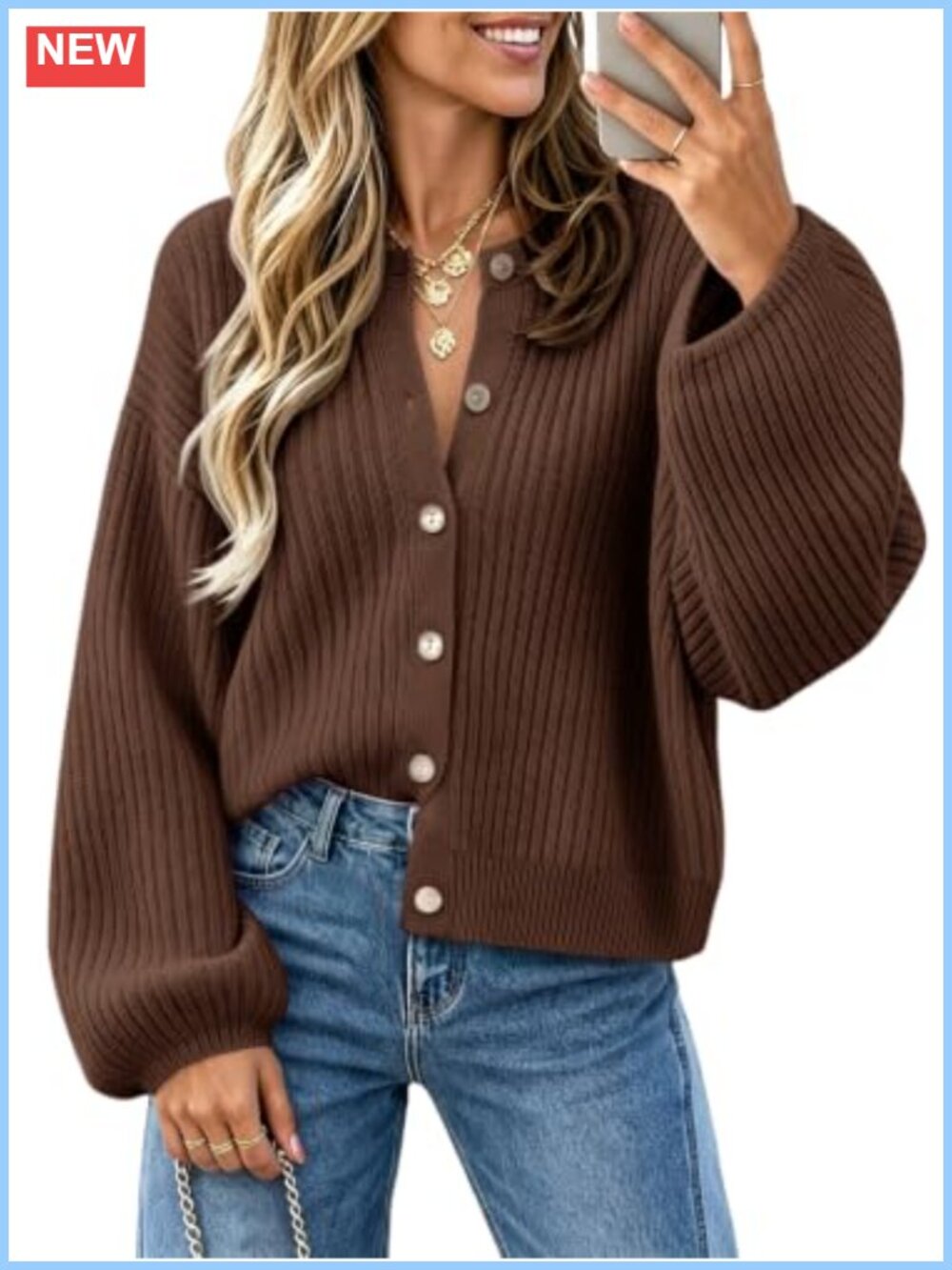 Saodimallsu Button Down Cardigan Lantern Sleeve Chunky Ribbed Knit Sweater